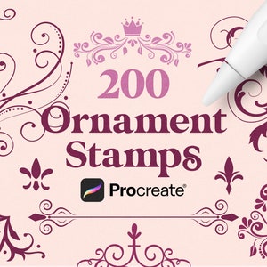 May include: A digital illustration of a pink background with a white stylus and the text "200 Ornament Stamps Procreate" in purple. The image features various decorative floral designs in purple.