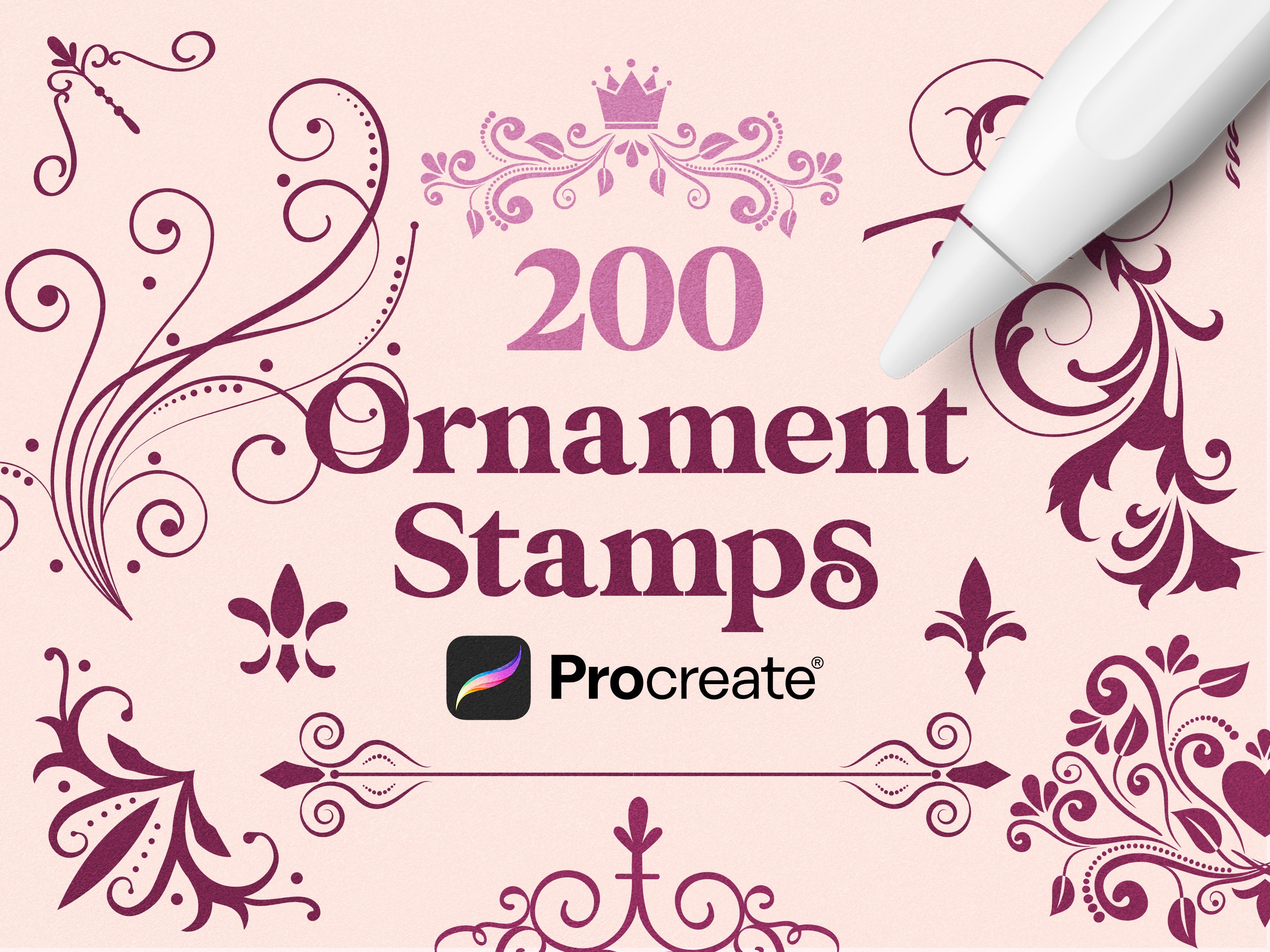 200 Floral Ornament Procreate Stamps Bundle | Ornate Frames, Borders & Square Floral Stamps