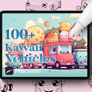 May include: A digital illustration of a tablet screen displaying a collection of 100+ Kawaii Vehicles for Procreate. The image features a variety of cute, cartoon-style vehicles, including a truck, a bus, a car, and a plane. The vehicles are all decorated with bright colors and whimsical details.