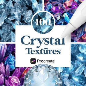 May include: A collage of 100 crystal textures for Procreate, featuring various shades of blue, purple, and pink crystals. The textures are perfect for adding a touch of sparkle and shine to your digital art.