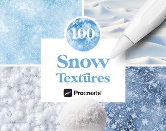 Op de afbeelding: Een digitale illustratie van 100 sneeuwtexturen voor gebruik in de Procreate-app. De texturen worden in vier verschillende stijlen getoond: een blauwe achtergrond met witte sneeuwvlokken, een witte achtergrond met blauwe sneeuwvlokken, een witte achtergrond met een sneeuwtextuur en een witte achtergrond met een sneeuwtextuur.