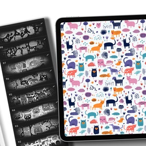 May include: A digital tablet displaying a colorful pattern of cats, flowers, and geometric shapes. The pattern is on a white background. The tablet is on a white surface.