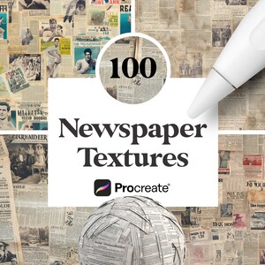 May include: A collection of 100 vintage newspaper textures for use in Procreate. The textures are shown as a collage of different newspaper pages with text and images. The textures are perfect for adding a vintage feel to your digital art.