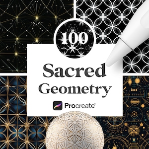May include: A digital illustration of 100 sacred geometry patterns for Procreate. The patterns are black, white, and gold and feature geometric shapes, stars, and circles.