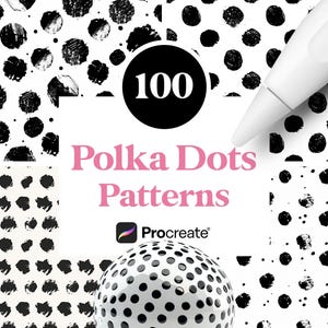 Puede incluir: Un conjunto de 100 patrones de lunares negros y blancos para Procreate. Los patrones están hechos con un pincel que crea un aspecto texturizado. La imagen también incluye una esfera 3D con un patrón de lunares.