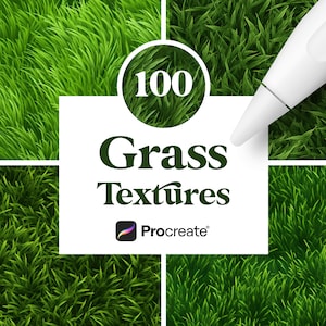 Puede incluir: Un conjunto de 100 texturas digitales de hierba para usar en Procreate. Las texturas presentan varios tonos de verde y diferentes patrones de hierba.
