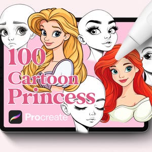 100 Procreate Cartoon Princess Head Base Stamps, Princess Cartoon Faces for drawing, Instant digital download