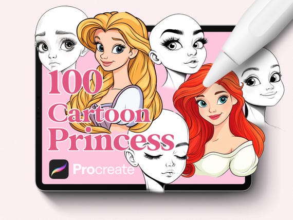 100 Procreate Cartoon Princess Head Stamps: Drawing Base (Digital Download)