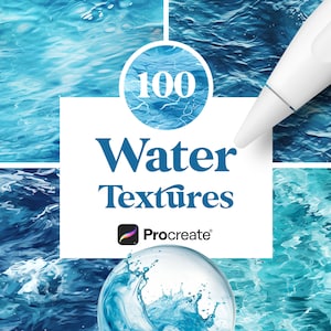Op de afbeelding: Een digitale illustratie van 100 watertexturen voor Procreate. De afbeelding toont een verscheidenheid aan blauwe watertexturen met een witte stylus en een waterdruppelgrafiek.