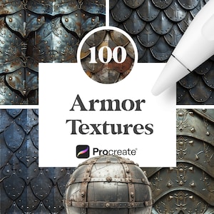 Op de afbeelding: Een afbeelding met 100 pantsertexturen in grijstinten en bruin, met metalen en verweerde effecten. De tekst "Armor Textures" en het Procreate-logo zijn ook zichtbaar.