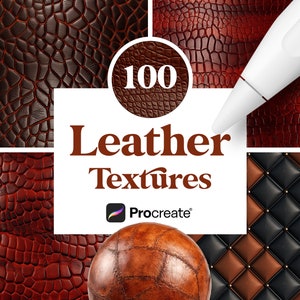 Puede incluir: Una ilustración digital de 100 texturas de cuero para Procreate. La imagen muestra una variedad de texturas de cuero, incluyendo cuero liso, texturizado y estampado. Las texturas son de varios colores, incluyendo marrón, negro y rojo.