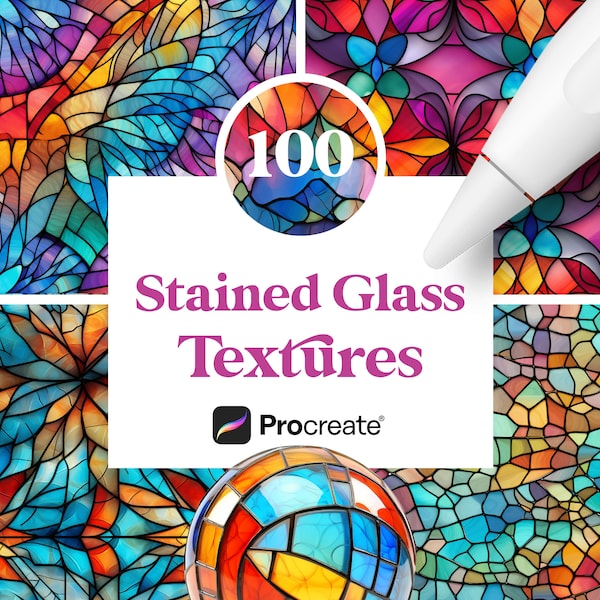 100 Procreate Stained Glass Textures, Mono color glass mosaic for coloring