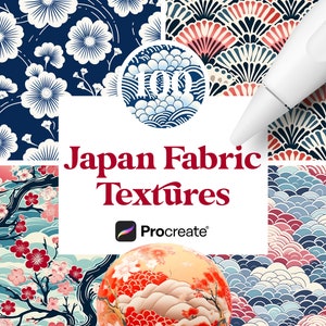 May include: A collage of four different Japanese fabric textures, each with a unique pattern. The patterns include white flowers on a dark blue background, red and white fans on a dark blue background, red and white cherry blossoms on a blue and white wave background, and a blue and white wave pattern. The text "100 Japan Fabric Textures" and the Procreate logo are also visible.