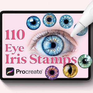 May include: A digital tablet screen displaying a collection of 110 eye iris stamps for Procreate. The image shows a close-up of a blue eye with various iris stamps surrounding it.