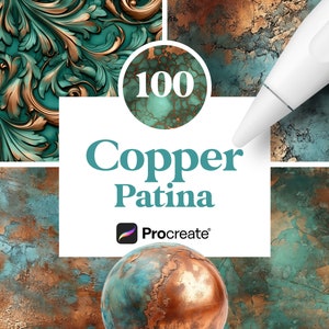 Könnte beinhalten: 100 Procreate-Pinsel mit Kupferpatina. Das Bild zeigt eine Sammlung von Kupferpatina-Texturen, darunter eine Nahaufnahme einer metallischen Kugel mit einer grün-braunen Patina, ein dekoratives Muster mit goldenen und grünen Akzenten und einen strukturierten Hintergrund mit einer grün-braunen Patina.