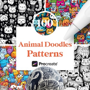 May include: 100 Animal Doodles Patterns for Procreate. A colorful digital illustration of various animal doodles in a repeating pattern. The image includes a white stylus and a black and white illustration of a zebra.