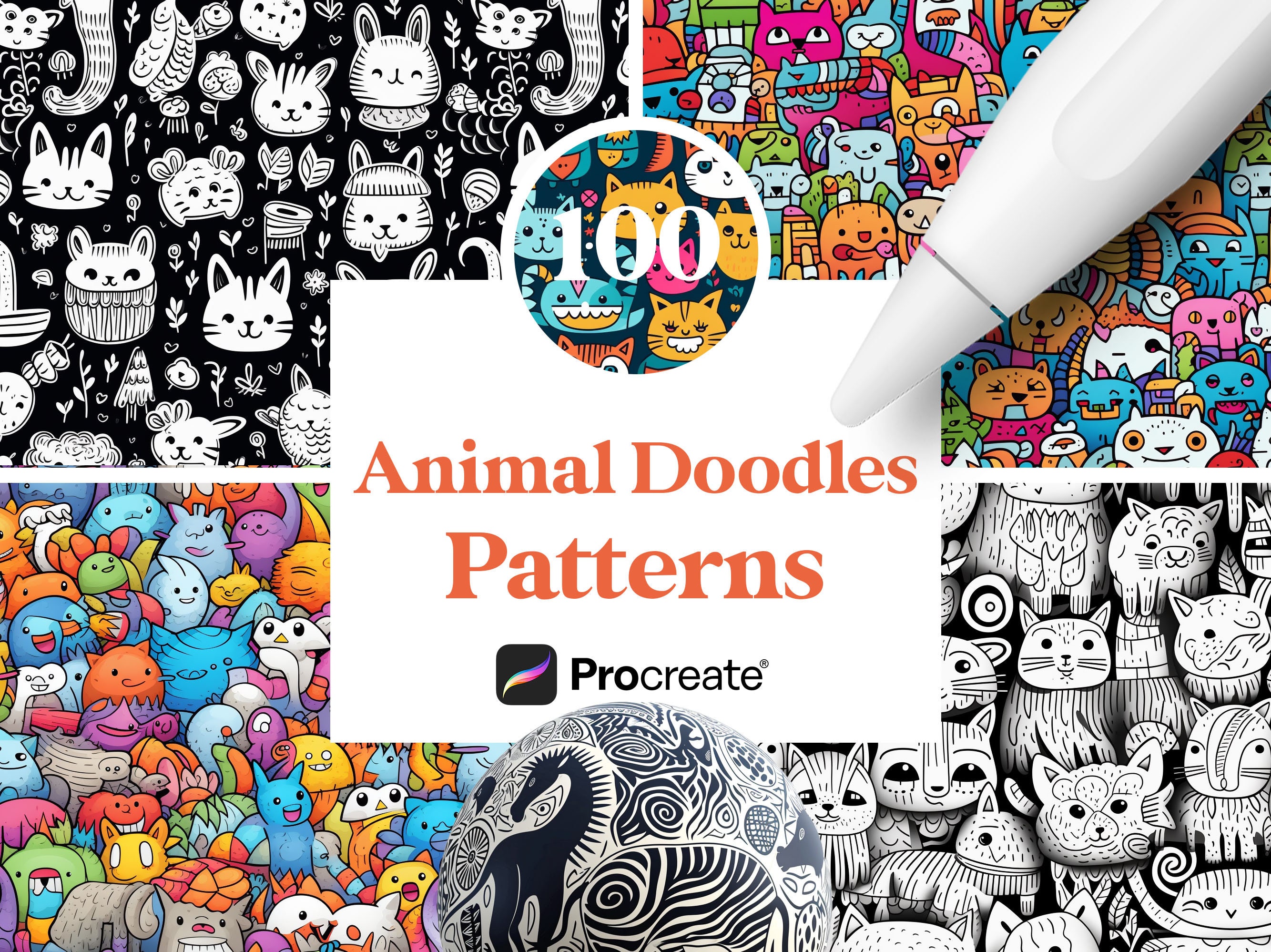 100 Procreate Animal Doodle Patterns, Cute Animals Seamless Textures ...