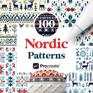 Può includere: Una collezione di 100 motivi nordici per Procreate, con una varietà di disegni geometrici in blu, rosso e bianco. I motivi sono perfetti per creare disegni invernali festivi.