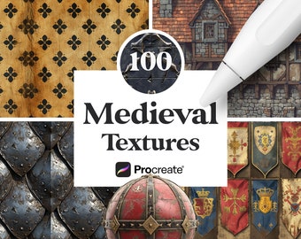 100 Procreate Medieval Textures, Armor, Castles, Banners and Fabric Patterns, Digital Download