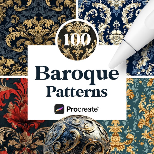 100 Barocke Procreate Texturen, Barock Tattoo Seamless Brushes, digitaler Download