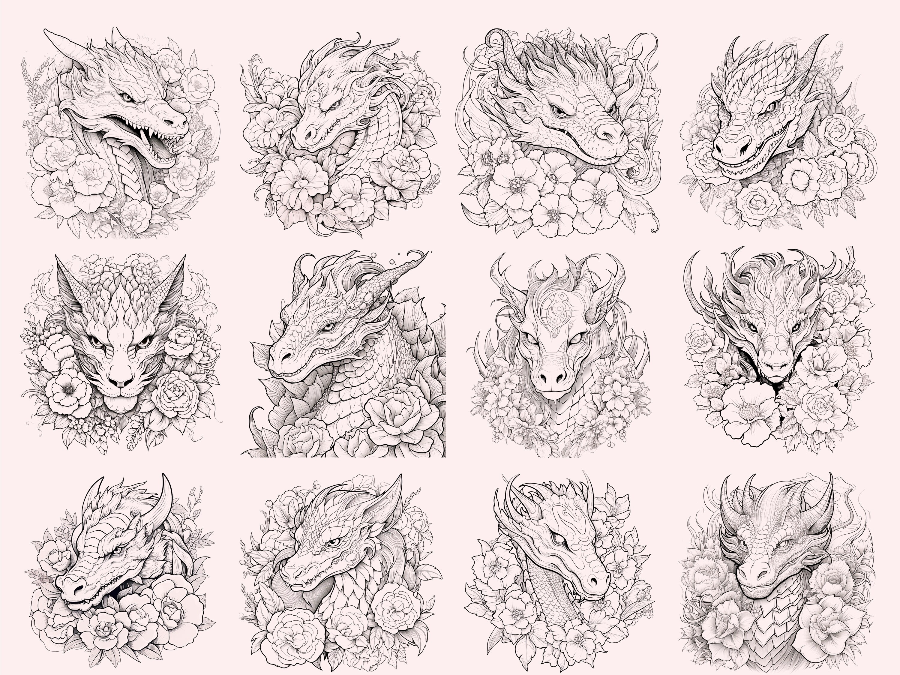 100 Floral Dragon Stamps Brushes for Procreate, Instant Digital ...