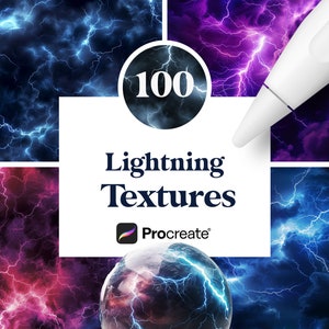 May include: A digital illustration of 100 lightning textures for Procreate. The image shows a variety of blue, purple, and red lightning bolts against a dark background.