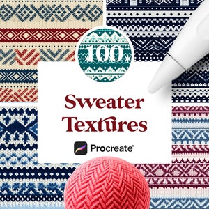 May include: A collection of 100 digital sweater textures for Procreate. The image shows a variety of colourful knit patterns, including red, blue, white, and green. The patterns are arranged in a grid format, and the text "100 Sweater Textures" is displayed in the centre of the image.