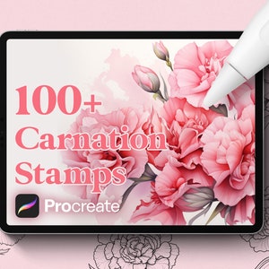 Puede incluir: Una ilustración digital de claveles rosas sobre un fondo blanco. La imagen se muestra en la pantalla de una tableta con un lápiz óptico. El texto "100+ Carnation Stamps Procreate" se muestra en la pantalla.