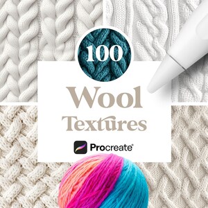 Puede incluir: Un conjunto de 100 texturas de lana para Procreate, que presenta una variedad de patrones de punto en blanco y crema. La imagen muestra un primer plano de cuatro texturas de punto diferentes, una bola de lana y un lápiz.
