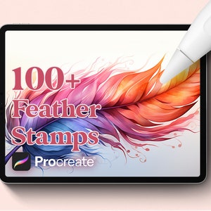 May include: A digital tablet screen displaying a colorful feather with the text "100+ Feather Stamps" and the Procreate logo.