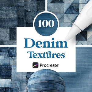 Può includere: Un collage di 100 diverse texture di denim da utilizzare in Procreate. Le texture sono di diverse tonalità di blu e motivi, tra cui patchwork, strisce e tessuti.