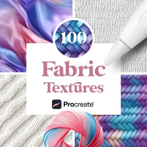Puede incluir: Un collage de 100 texturas de tela para Procreate, que presenta una variedad de texturas tejidas, de punto y sedosas en tonos rosas, azules y morados.