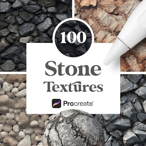 May include: Digital art product featuring 100 stone textures for Procreate. The image showcases various stone patterns, including dark gray, light gray, and brown textures. A white stylus is visible, along with the text "Stone Textures" and the number "100".