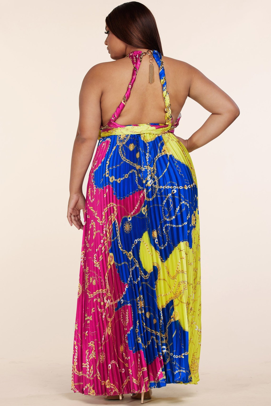 Plus Size Multi Chain Print Halter Pleated Maxi Dress Etsy