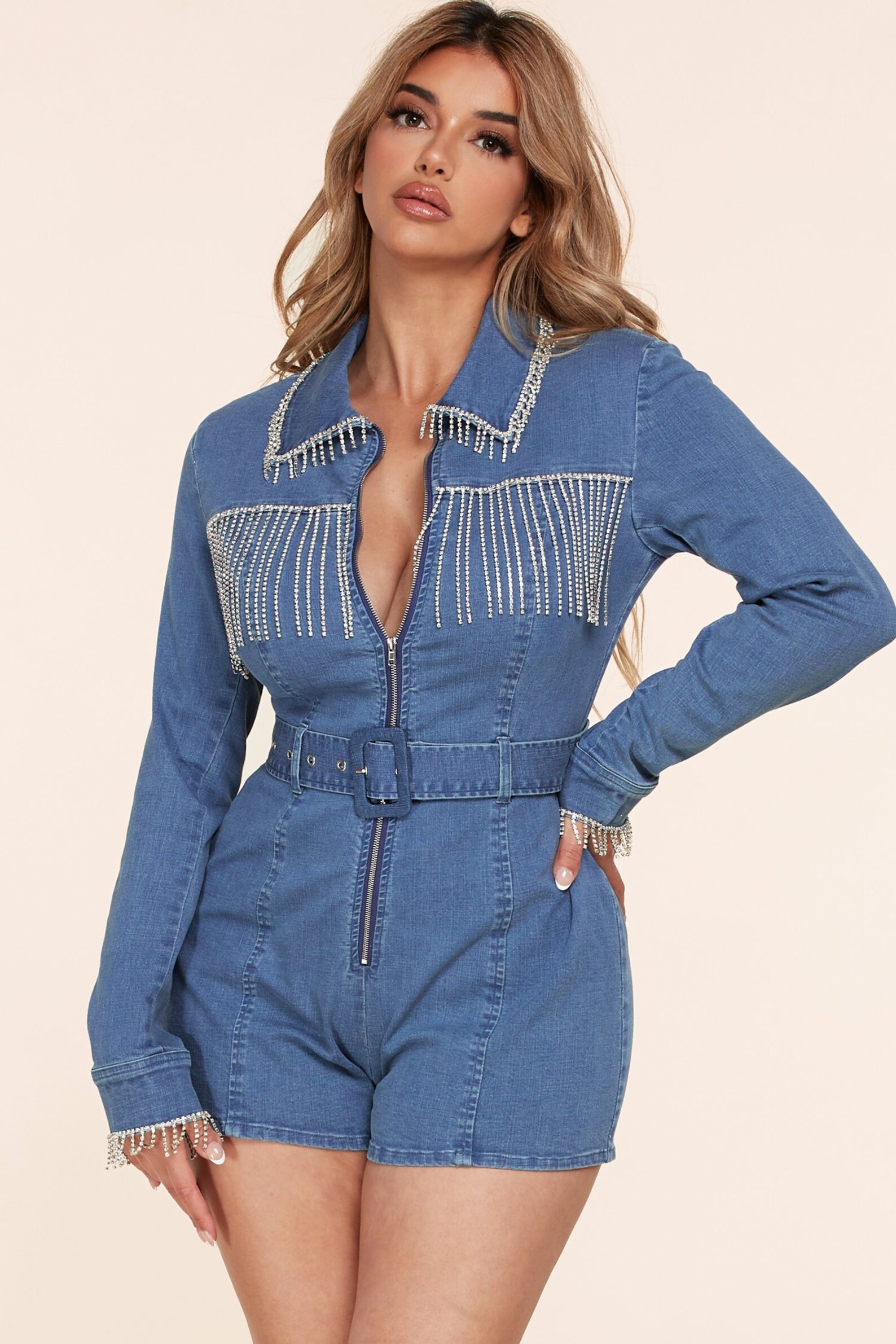 Long Sleeved Denim Romper Sparkling Crystal Bead Chain Etsy