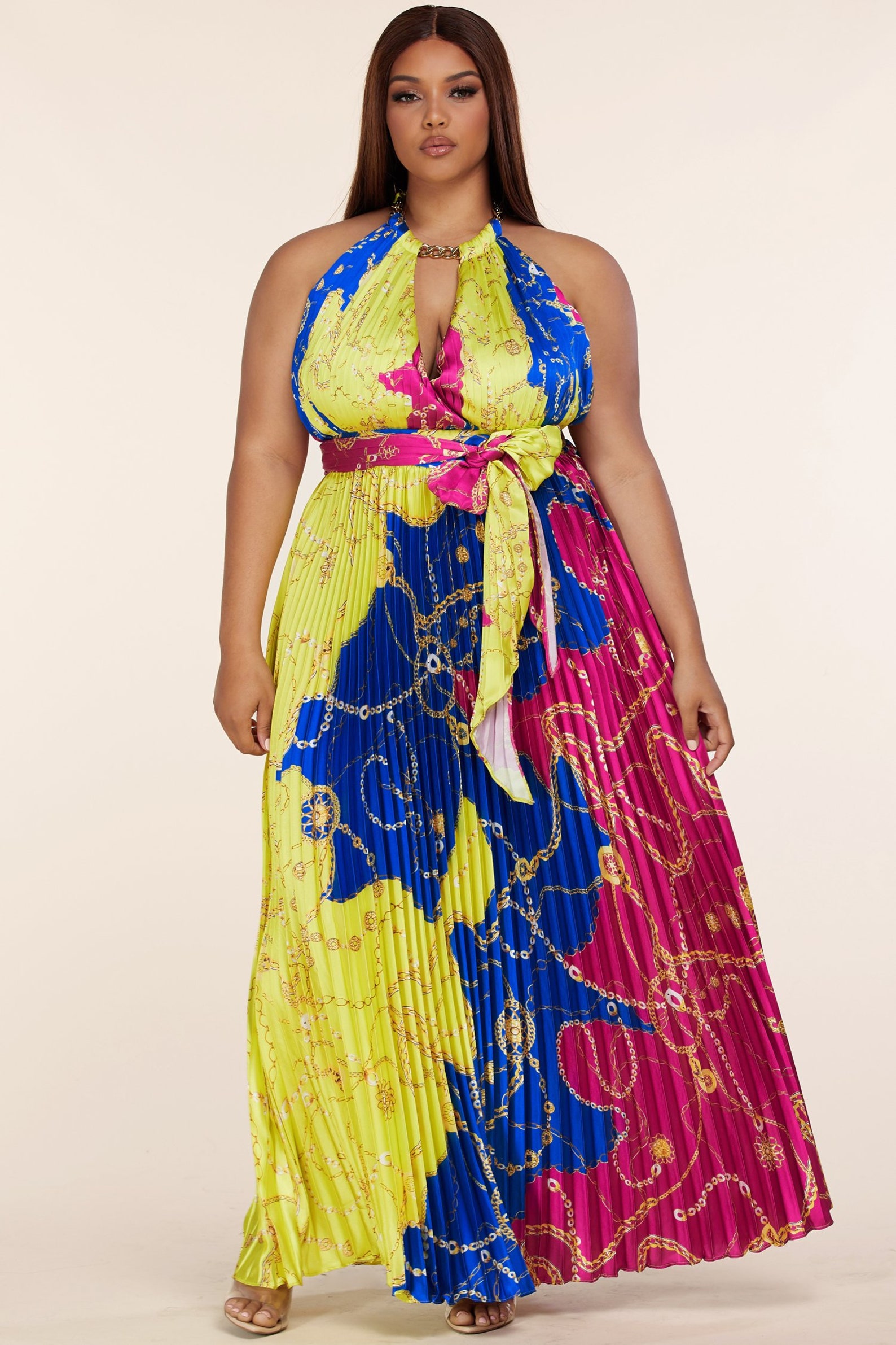 Plus Size Multi Chain Print Halter Pleated Maxi Dress | Etsy