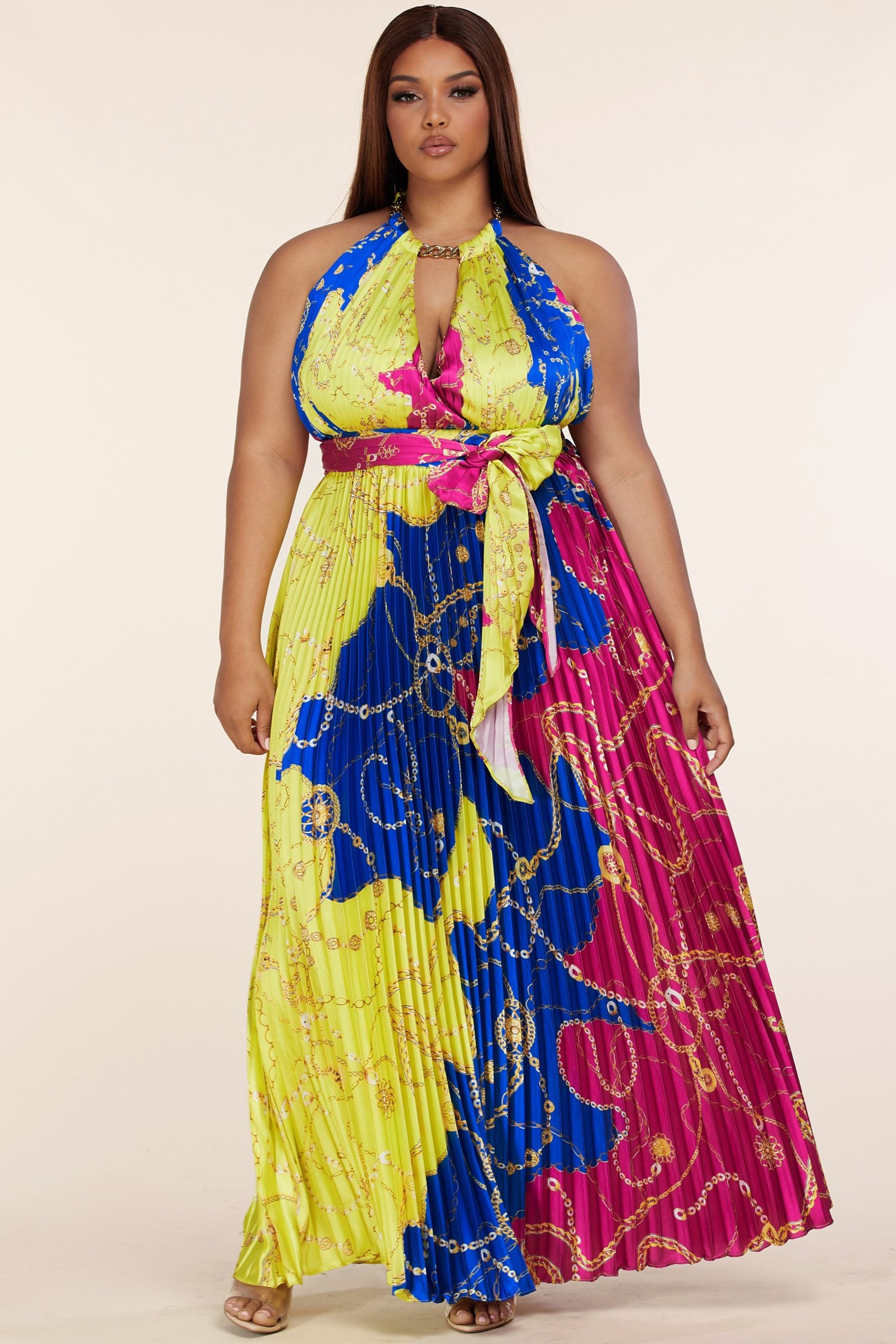 Plus Size Multi Chain Print Halter Pleated Maxi Dress Etsy
