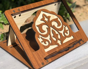 Carved Wooden Quran Stand: Islamic Book Holder, Foldable Reading Desk