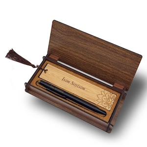 Personalized Pen Gift Set and Bookmark | Custom Engraved Ballpoint Pen and Bamboo Bookmark in Wooden Box | Graduation Gift for Men