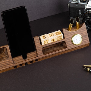 Personalized Walnut Wood Desk Organizer: Docking Station with Clock & Phone Stand
