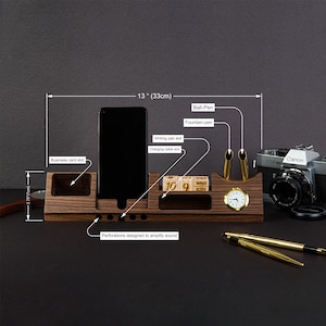Station d'accueil personnalisée en noyer - Organiseur de bureau en bois, support pour téléphone, porte-stylo, emplacement pour cartes de visite, cadeau de bureau, idée cadeau de Noël