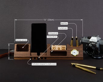 Personalized Walnut Docking Station: Engraved Desk Organizer with Phone Stand