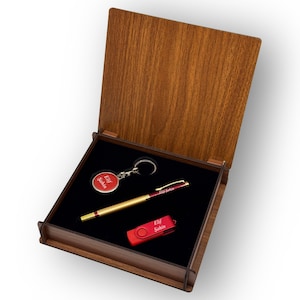 Coffret cadeau personnalisé - Stylo, clé USB et porte-clés personnalisés dans une boîte en bois - Cadeau de remise des diplômes, anniversaire, bureau