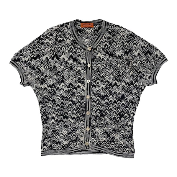 Missoni Strick Top, Y2K Shortsleeve Button Up T-Shirt in Schwarz & Weiß