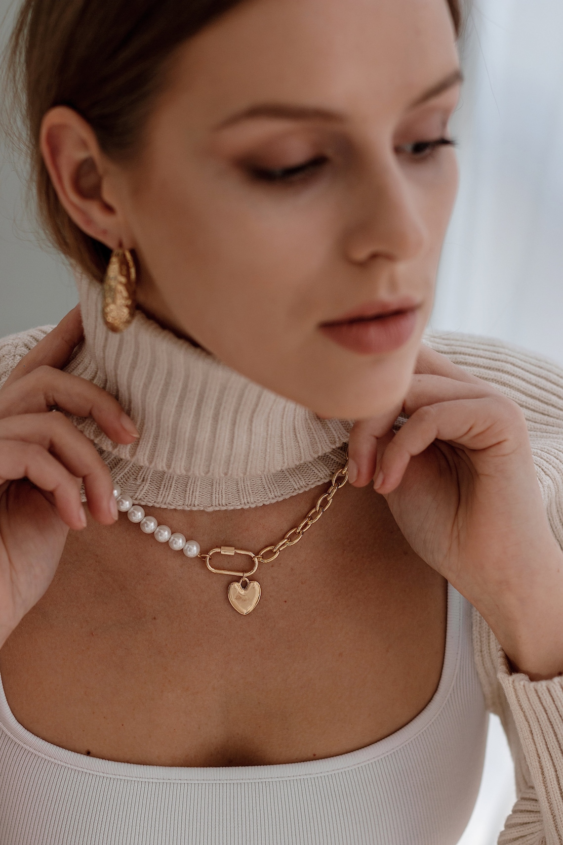 Half Pearl Half Chain Necklace Half Pearl Necklace Half Gold Etsy