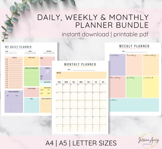 Daily Weekly Monthly Planner Printable Set Colorful Digital