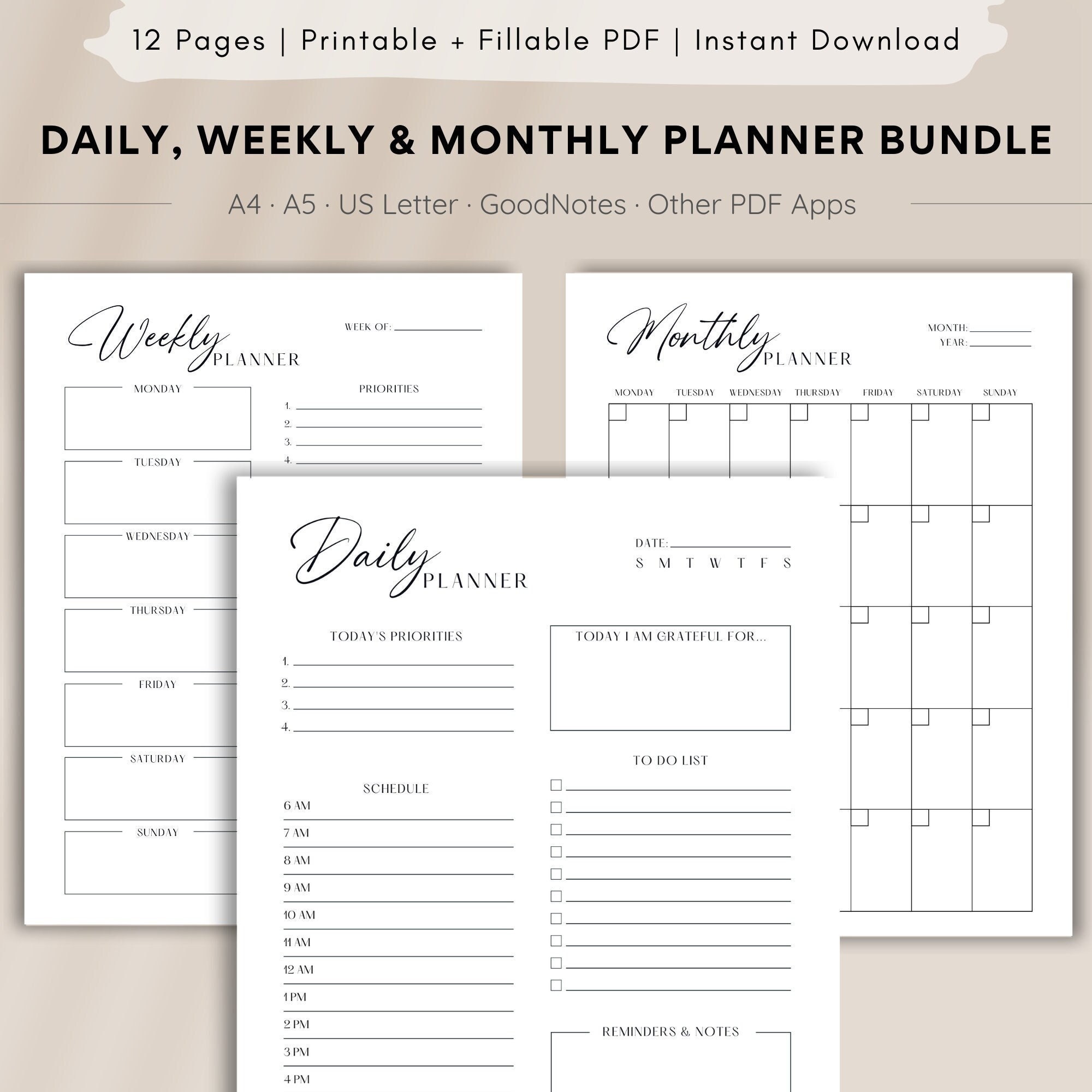 Daily Weekly Monthly Planner Bundle Printable and Digital - Etsy