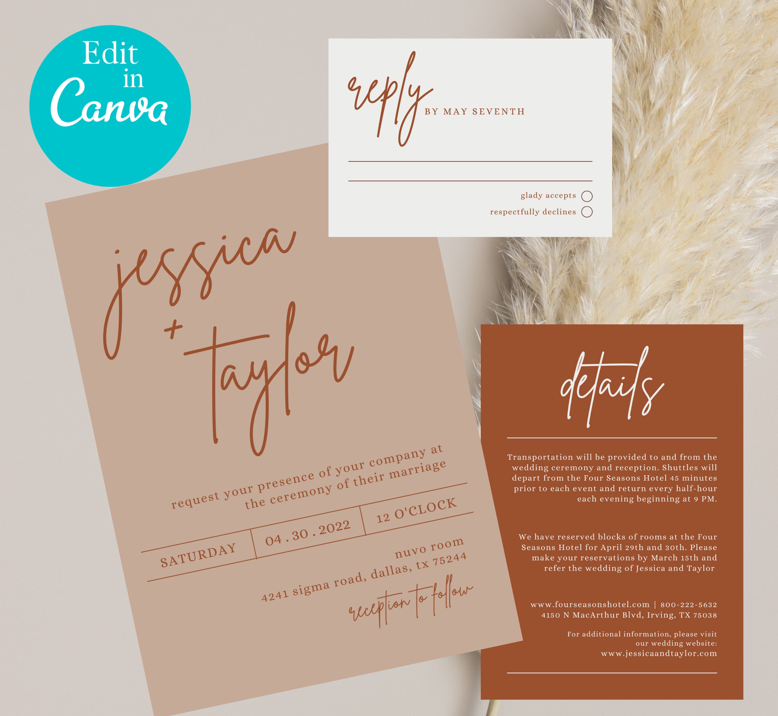 Rust Minimalist Wedding Invitation Template Boho Style | Etsy
