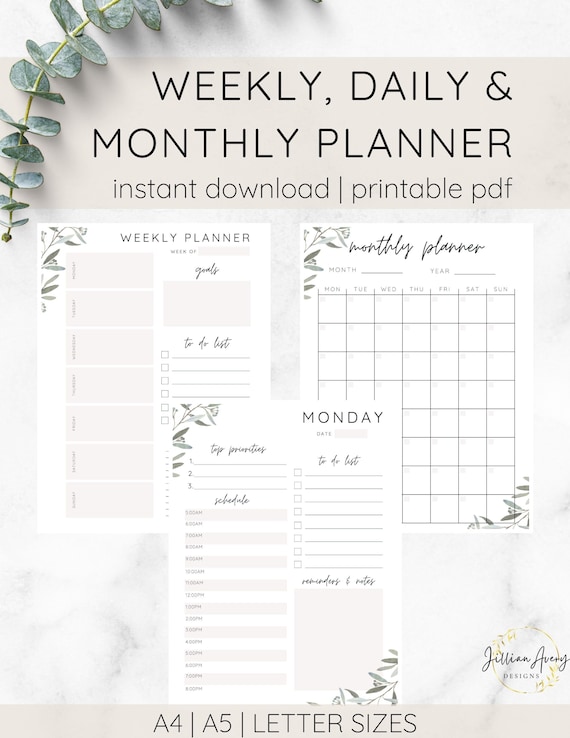 Daily Weekly Monthly Planner Printable Set Simple
