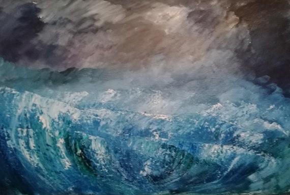 Oil Painting print: Rough Seas Under Moonlight, Dramatic Ocean Waves, Stormy Seascape Art